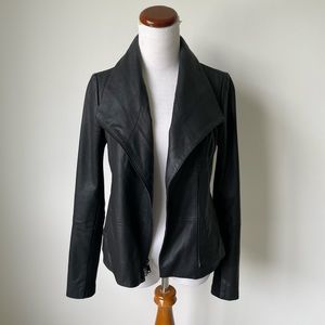 Vince Black Leather Moto Jacket Sz S Asymmetrical Zip Knit Trim Biker Fall